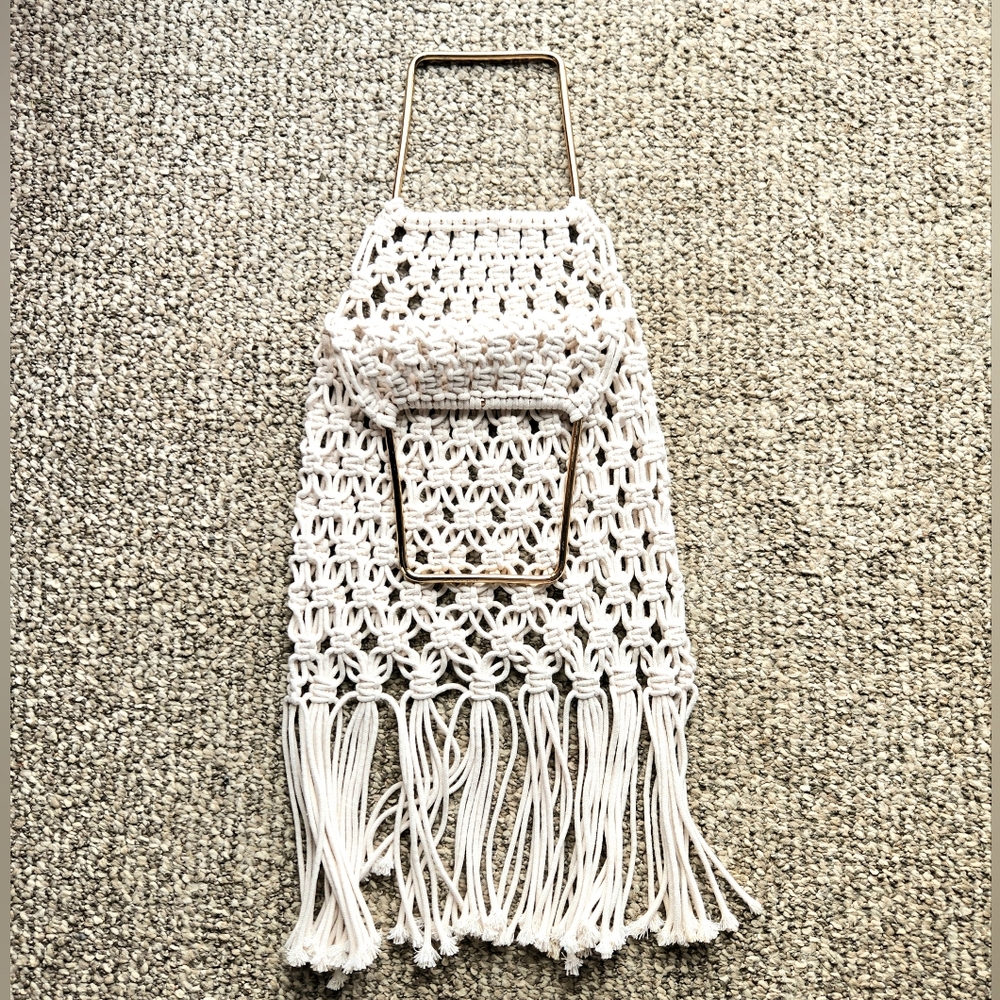 Macrame Fringed Clutch Hand Bag Ivory Metal Handle Boho Hippie Beach Woven Purse - Picture 7 of 8